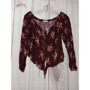 Rewind Shirt Ladies Small Maroon Floral‎ Crop top Long Sleeve